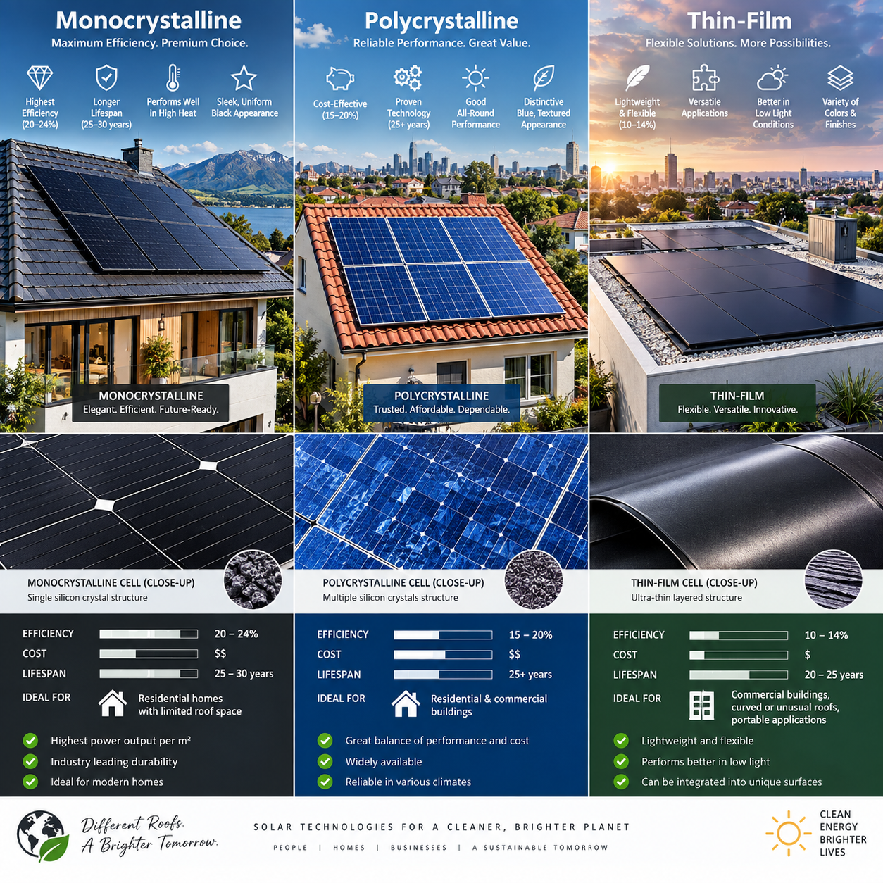Tipos de paneles solares: monocristalinos vs policristalinos vs capa fina